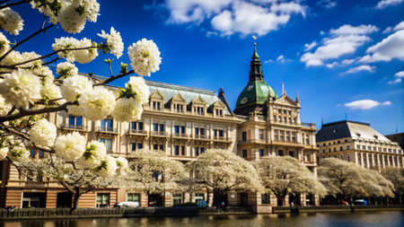 A beautiful cityscape with white blossoms in bloom, a canal, and blue sky with puffy clouds.の素材