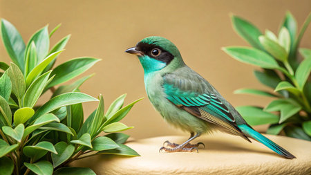 A vibrant green and blue bird perched on a rock, with lush green foliage surrounding it.の素材
