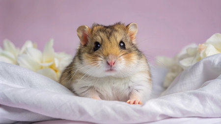 A small hamster with brown and white fur sits on a white fabric bed with white flowers surrounding it.の素材