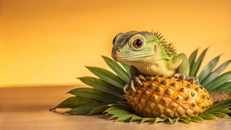 A small green lizard with big eyes sits on a pineapple with leaves.の素材