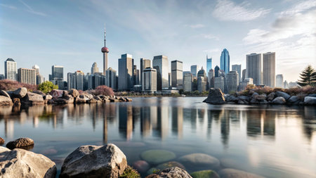 A stunning cityscape with modern skyscrapers reflected in a calm lake at sunrise.の素材