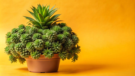 A potted succulent plant with a pineapple plant growing on top against a yellow background.の素材