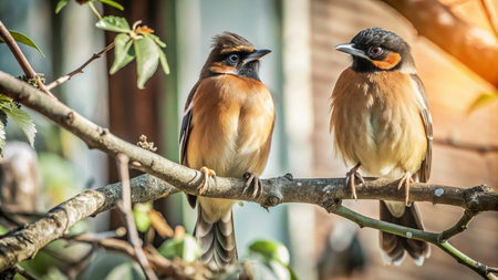 Two small brown birds perched on a branch, facing each other in the afternoon sun.の素材