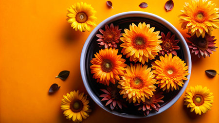 Yellow and orange flowers in a bowl on an orange background.の素材