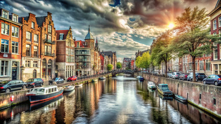A picturesque canal lined with historic buildings in a European city, bathed in the golden glow of sunset.の素材