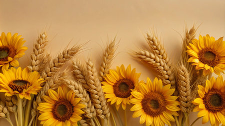 A border of sunflowers and wheat stalks against a beige background.の素材