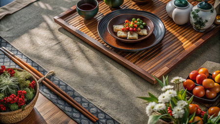 Traditional Asian table setting with chopsticks, tea, and snacks on a wooden tray.の素材