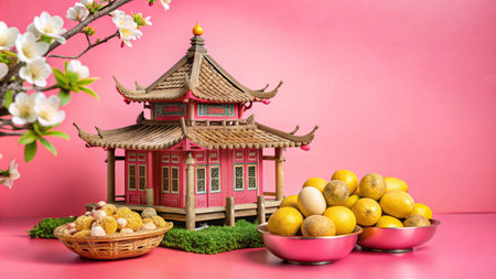 A miniature Chinese temple with a bowl of golden oranges and a bowl of traditional snacks, set against a pink background with a flowering branch.の素材