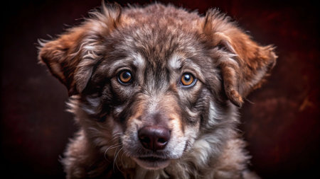 A brown and white wolfdog puppy with large brown eyes stares directly at the camera.の素材
