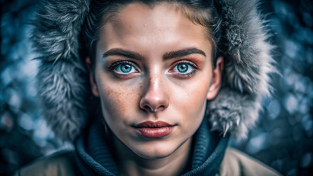A close-up portrait of a young woman with blue eyes, looking directly at the camera, wearing a hooded jacket with a fur trim.の素材
