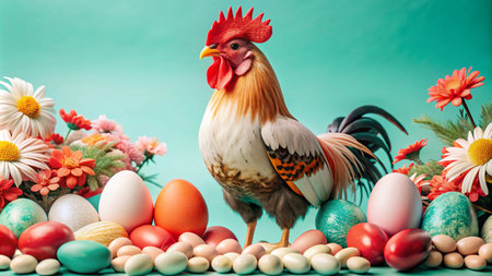 A rooster stands proudly among a collection of colorful Easter eggs and flowers on a turquoise background.の素材