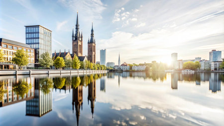 A scenic view of a city skyline with a river in the foreground and modern buildings and a church in the background.の素材