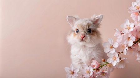 Adorable fluffy bunny rabbit with pink flowers on a soft pink background.の素材