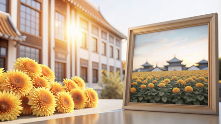 A framed picture of a sunflower field with a traditional Chinese building in the background, with a bouquet of sunflowers in the foreground.の素材