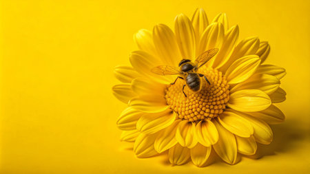 A honeybee pollinating a yellow daisy flower on a vibrant yellow background.の素材