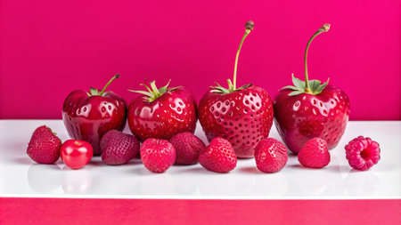 Red berries arranged in a row with vibrant red background.の素材