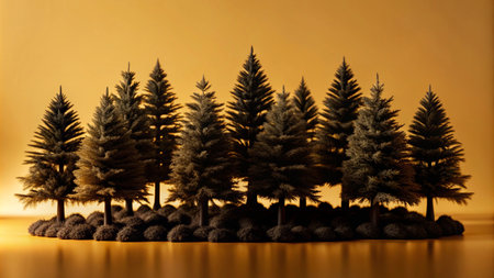 A row of artificial pine trees stand against a yellow backdrop.の素材