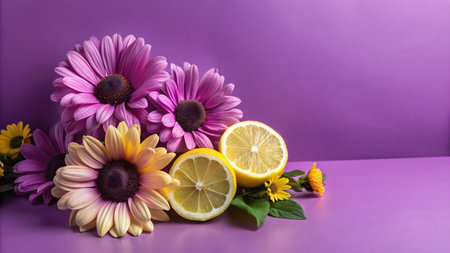 A still life with pink and yellow flowers, lemons, and green leaves on a purple background.の素材