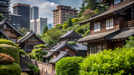Traditional Japanese houses nestled amongst lush greenery and modern skyscrapers in a city setting.の素材