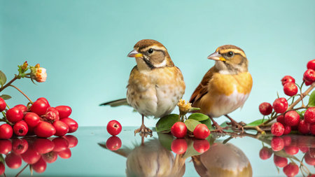 Two small birds perched on a branch with red berries and green leaves against a blue background.の素材