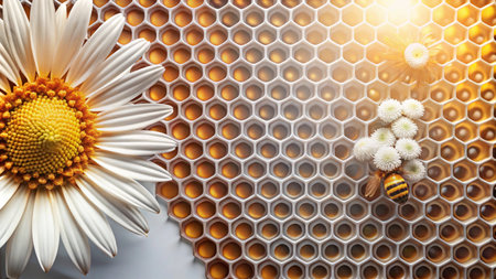 A close-up of a daisy flower and a bee on a honeycomb background.の素材