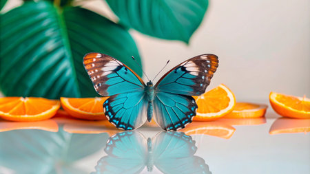 A vibrant blue butterfly with orange and brown markings sits on a table with sliced oranges and green leaves in the background.の素材