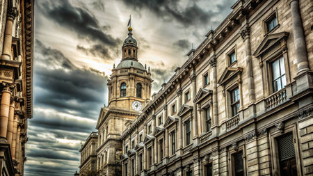 Low angle view of an old, ornate building with a clock tower against a dramatic, cloudy sky.の素材