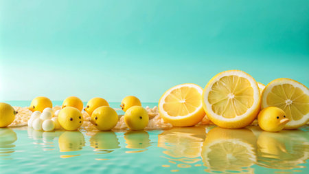 Yellow ducklings and lemons with reflection on a turquoise background.の素材