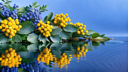 Yellow and blue berries with green leaves reflected in water.の素材