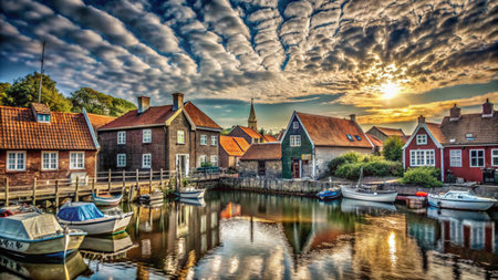 A picturesque harbor town with colorful houses, boats, and a stunning sunset sky.の素材