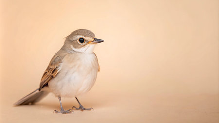 A small, light brown bird with a white breast and a long, thin tail stands on a light brown background.の素材