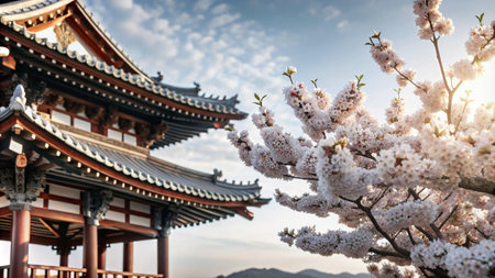 A traditional Japanese pagoda with cherry blossoms in bloom against a blue sky.の素材
