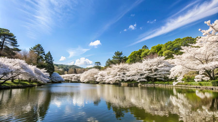 A serene pond surrounded by cherry blossoms in full bloom, reflecting the blue sky and fluffy clouds.の素材