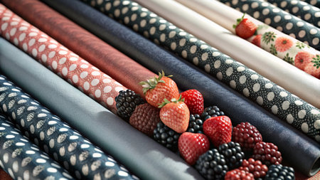 Rolls of patterned fabric with strawberries and blackberries in the middle.の素材