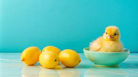 A fluffy yellow chick sits in a blue bowl with lemons on a blue background.の素材