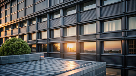 Modern building exterior with large windows reflecting the setting sun.の素材