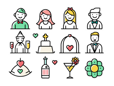 Diverse cartoon characters, wedding and party symbols onのイラスト素材