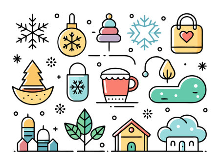 Festive winter holiday icon set arranged on white backgroundのイラスト素材