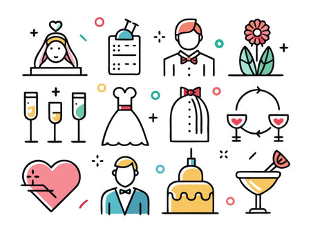 Elegant wedding icon set representing love and commitmentのイラスト素材