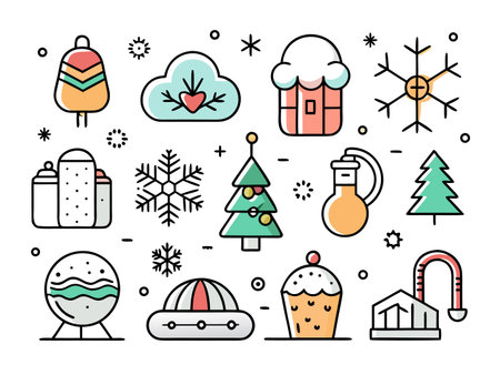 Festive winter icons in a charming hand-drawn doodle style.のイラスト素材