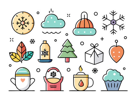 Festive Holiday Illustrations with vibrant seasonal iconsのイラスト素材