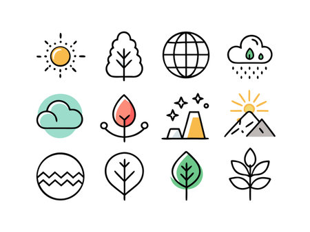 A set of weather and nature icons are lined up neatlyのイラスト素材