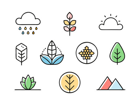 Illustrative icons showcase natural elements in simple formのイラスト素材