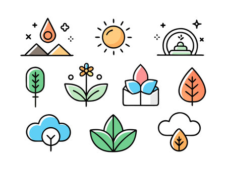 Collection of nature icons displayed in a graphic styleのイラスト素材