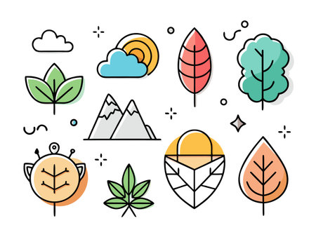 Colorful vector set of stylized nature elements on white.のイラスト素材