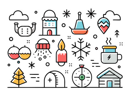 Whimsical winter holiday icons arranged on a white backdropのイラスト素材