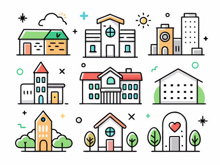 Collection of illustrated buildings show variety, designのイラスト素材