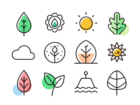 Various nature icons are displayed in flat design style.のイラスト素材
