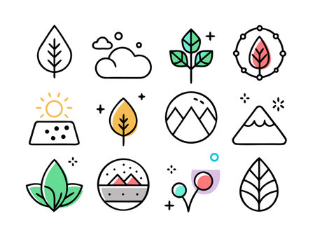 Clean nature icons with geometric shapes and soft colors.のイラスト素材