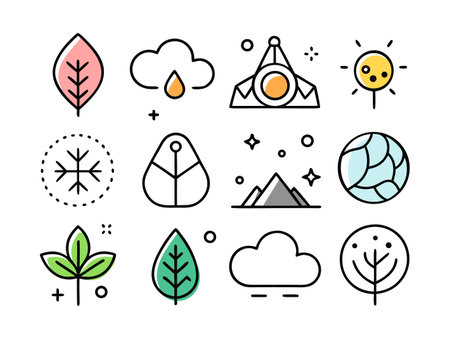 Collection of nature themed line art icons and elementsのイラスト素材